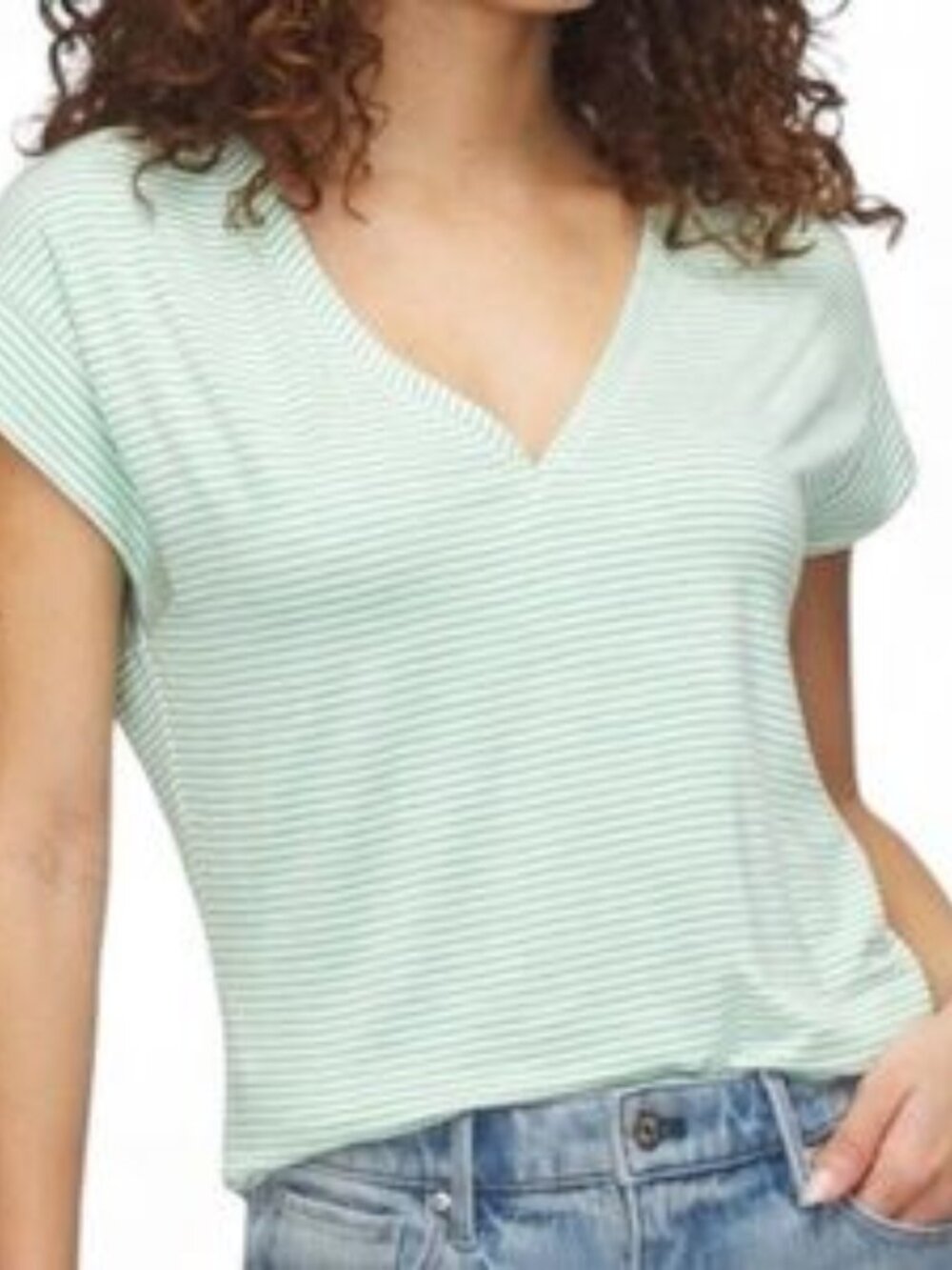 WHBM Mint-Striped V-Neck Short Sleeve Tee (M)